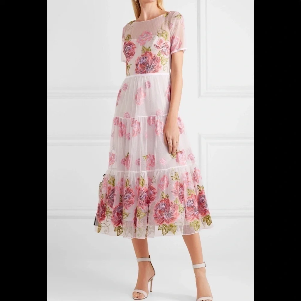 Marchesa Notte Tiered Embroidered Tulle Midi Dress - Picture 2 of 12